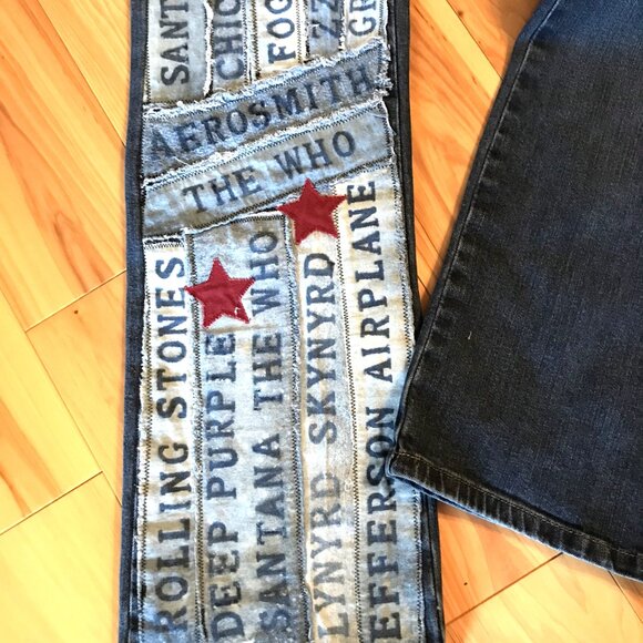 1970s Rock Band Patchwork Jeans, Size 12: Upcycled Bleached Band Patches & Stars - Picture 7 of 12